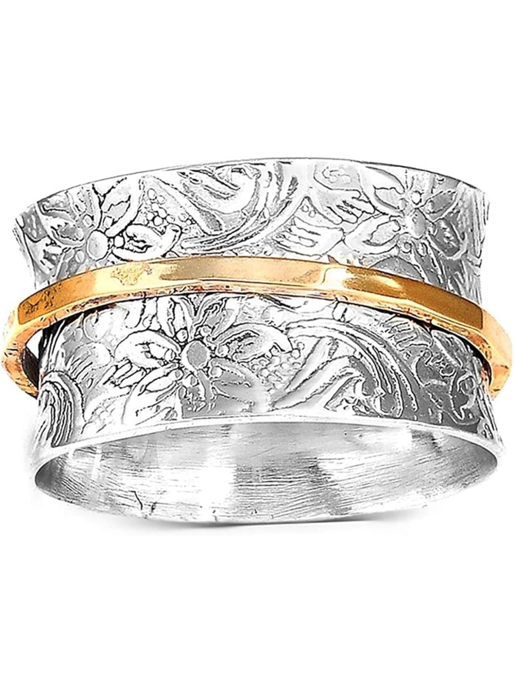 Two-Tone Floral Spinner Cuff Ring - Silver and Gold Stainless Steel Size 7